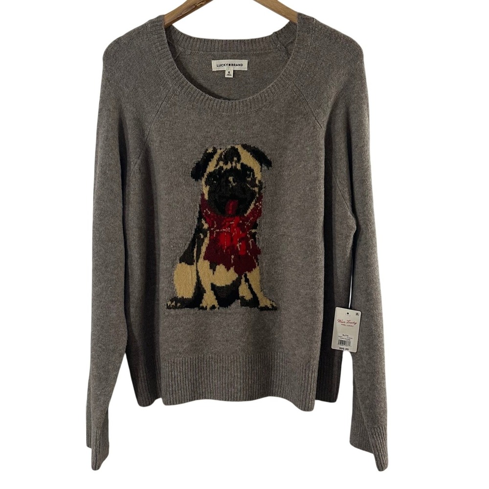 Lucky Brand Pug Dog Scarf Womens XL Sweater Taupe Heather Gray Pullover NWT
